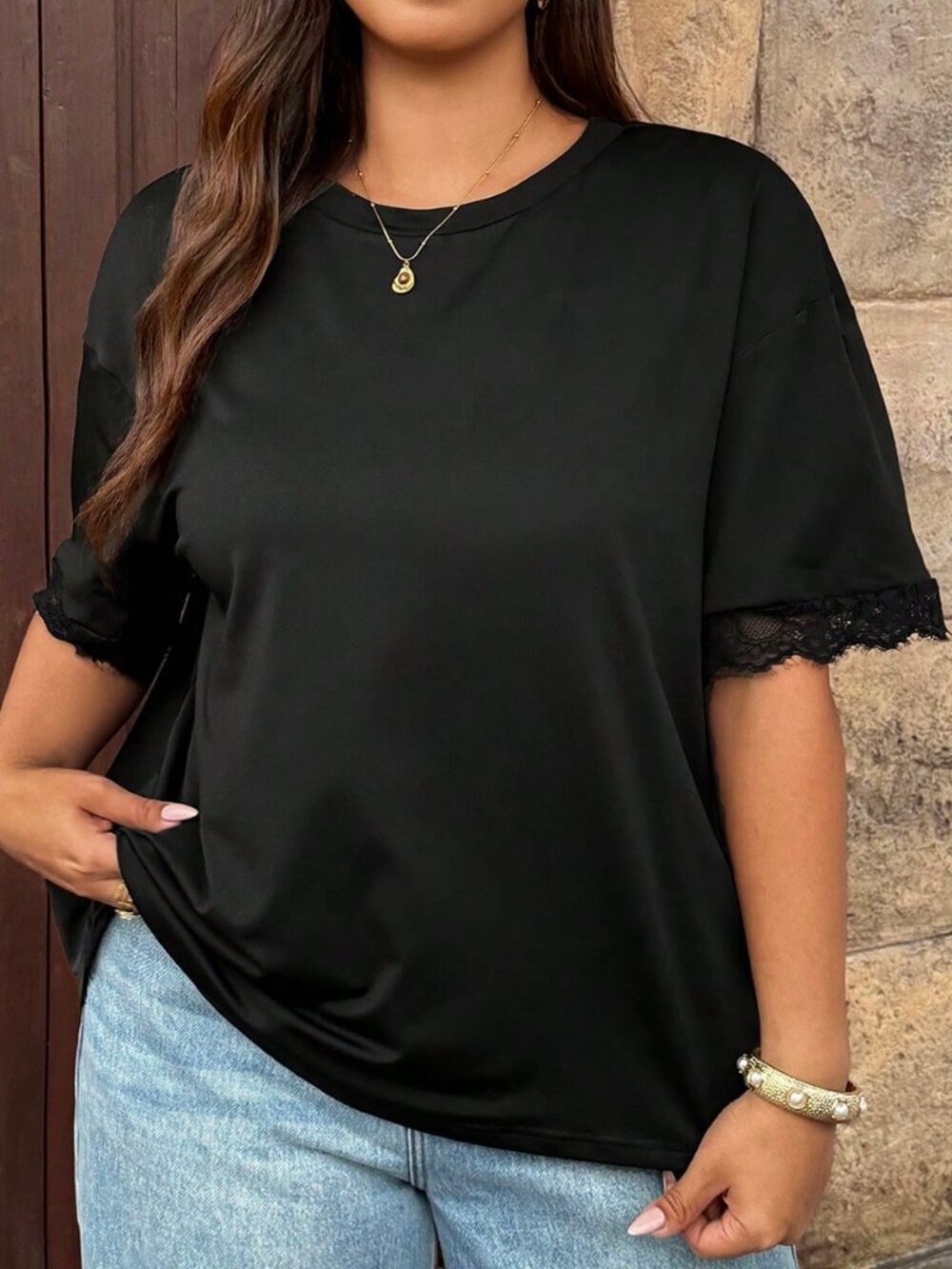 Black Casual Women's Plus Size Lace Open Back Round Neck Short Sleeve T-Shirt - Picture 2 of 5